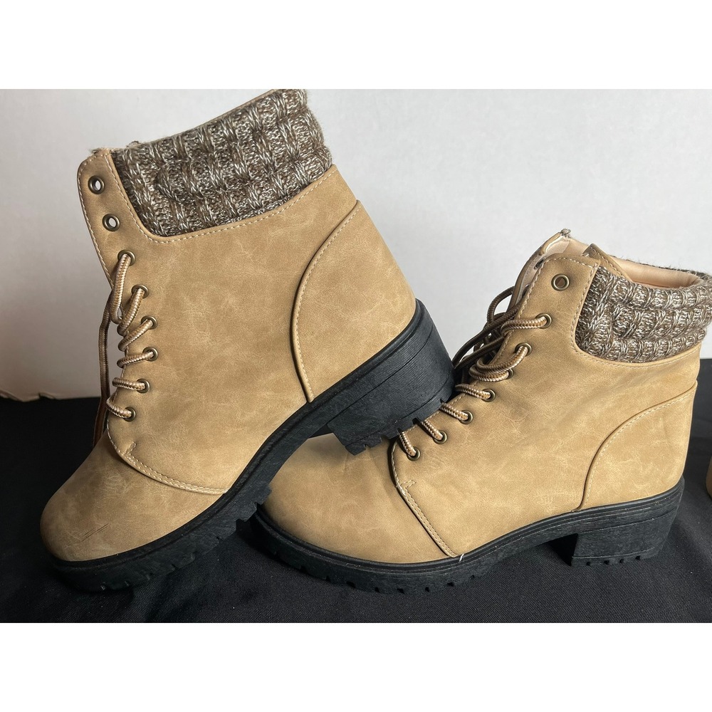 rue21 Womens Tan Faux Leather Knit‎ Collar Lace Up Combat Boots Size 10 RN 70829